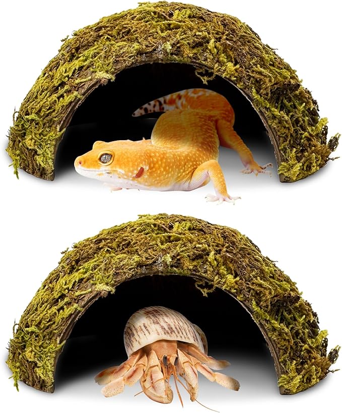 PINVNBY 2 Pack Natural Green Moss Hide Caves Coconut Reptile Hideouts Hamster Climbing Toys Gecko Habitat Decor Lizard Shell Shelter for Snake Tarantulas Turtle Chameleon