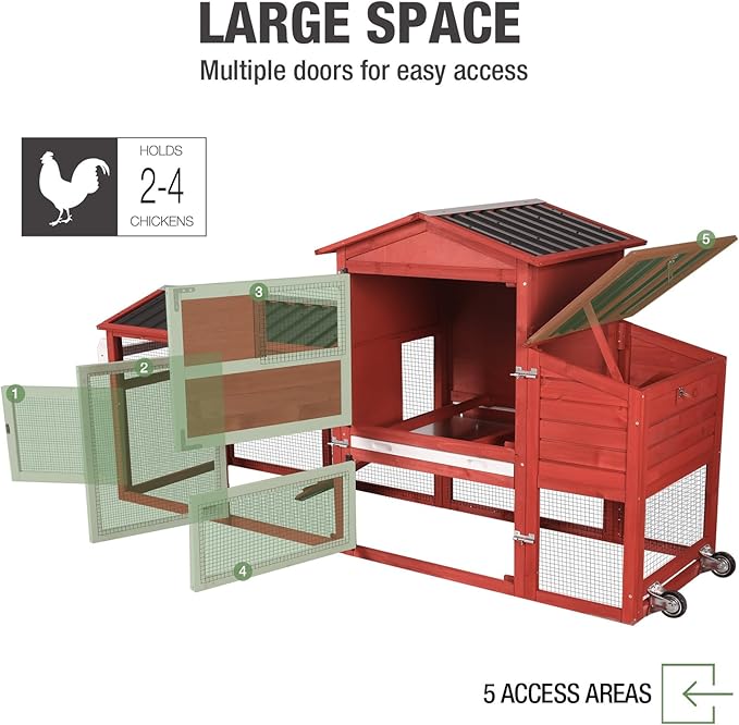 80’’ Chicken Coop with Wheels, Outdoor Wooden Chicken House with Nesting Box, Poultry Chicken Cage with Weatherproof Roof and Leakproof Pull-on Tray, Large Chicken Coops with 2-4 Chickens (Red)