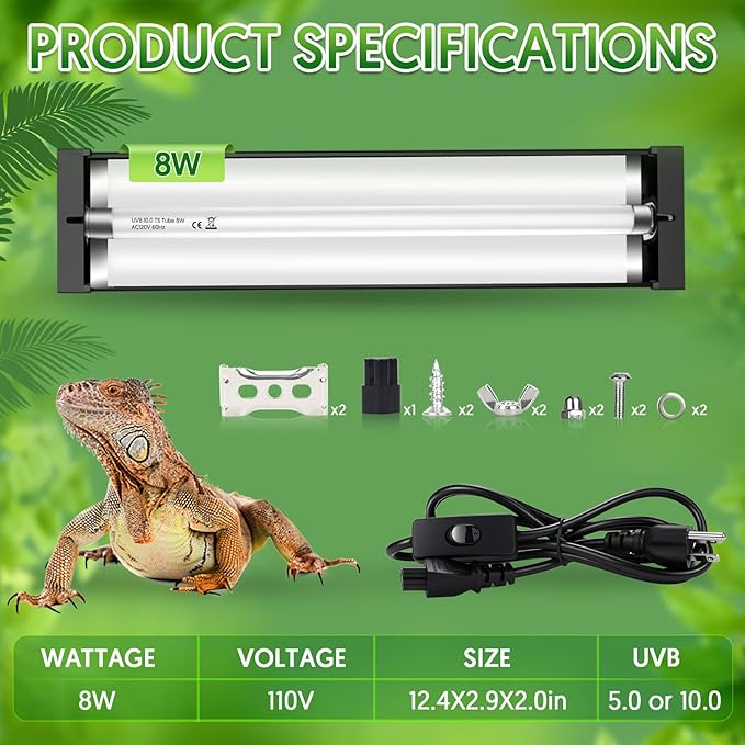 QZQ T5 UVB Reptile Light Fixture Combo Kit 8W, UVB Light for Reptiles with Switchable 5.0 & 10.0 UVB Output, Terrarium Hood Lamp for Bearded Dragon, Snake, Gecko, Tortoise, Lizard