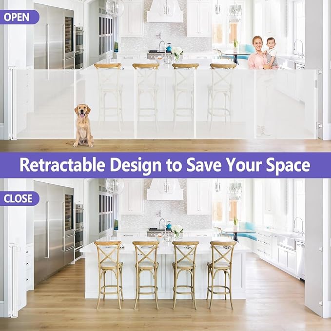 Newly Enhanced - 42" Tall × 120" Extra Wide Retractable Baby Gate Keeps Pets from Getting Under Tall Dog Gate, Indoor/Outdoor Baby Gates for Dogs, Retractable Dog Gate for Large Openings, White