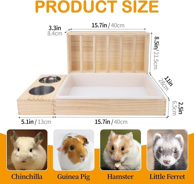 BESNEW 3 in 1 Rabbit Hay Feeder with Litter Box,Wooden Hay Feeder with 2 Bowls & Litter Box for Guinea Pig Chinchilla Bunny Other Small Animals,Large Capacity & Preventing Waste
