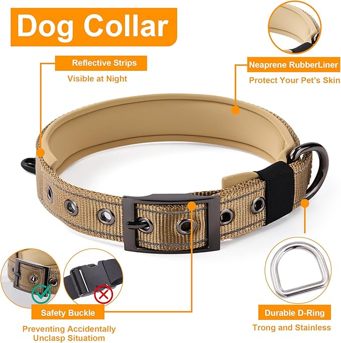 Annchwool No Pull Dog Harness,Heavy Duty Reflective Collar & Leash Set-Leash with Double Handle & Car Seatbelt Clip-Easy Control for Walking Training Medium Large Size Dogs(Brown,L)