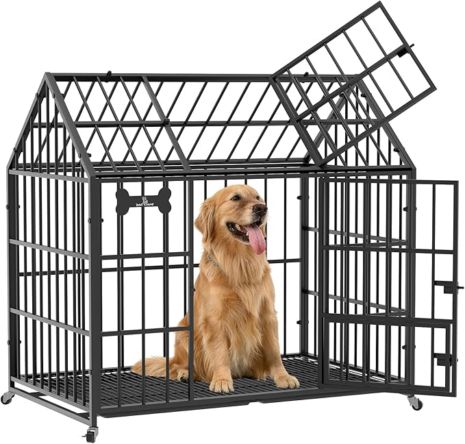 Dosker Heavy Duty Dog Crate 42 Inch,XL Large/Medium Pet Dog Cage Kennel Indoor,Steel Escape Proof Cage with Roof Top 2 Doors Removable Trays,Lockable Wheels