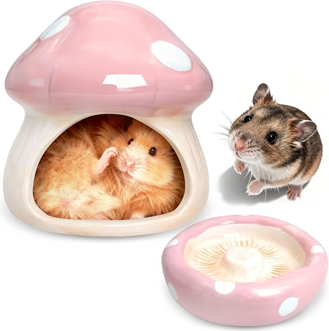 BNOSDM Ceramic Hamster Hideout and Food Bowl Set Cute Mushroom Shape Hamster House and Habitat Cool Hamsters Hide Suitable for Syrian, Mice, Dwarf Hamsters, Gerbils (Pink)