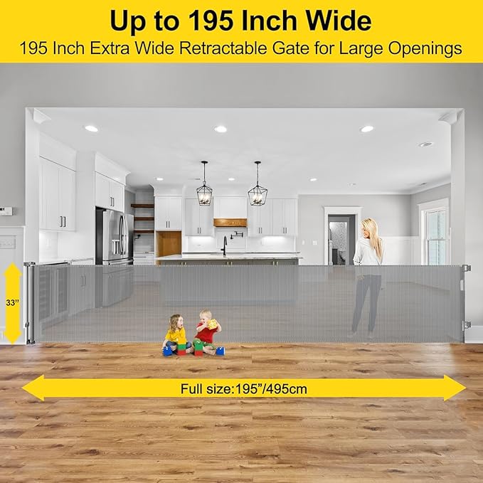 195 Inch Retractable Baby Gates Extra Wide Dog Gate for Large Openings 33" Tall Extra Large Retractable Dog Gates for The House Indoor/Outdoor Child Gate Mesh Pet Gates for Dogs Garage Deck Gate, Grey