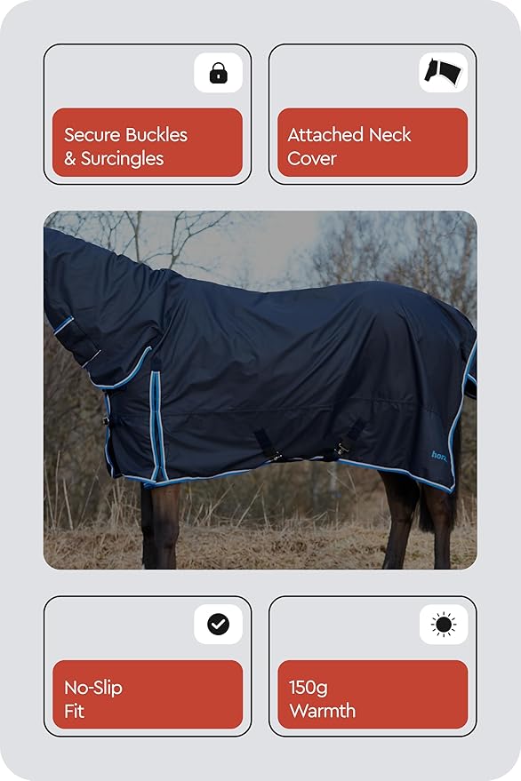 HORZE Glasgow Medium Weight Waterproof Combo Turnout Winter Horse Blanket with Neck Cover (150g Fill) - Dark Blue - 75 in