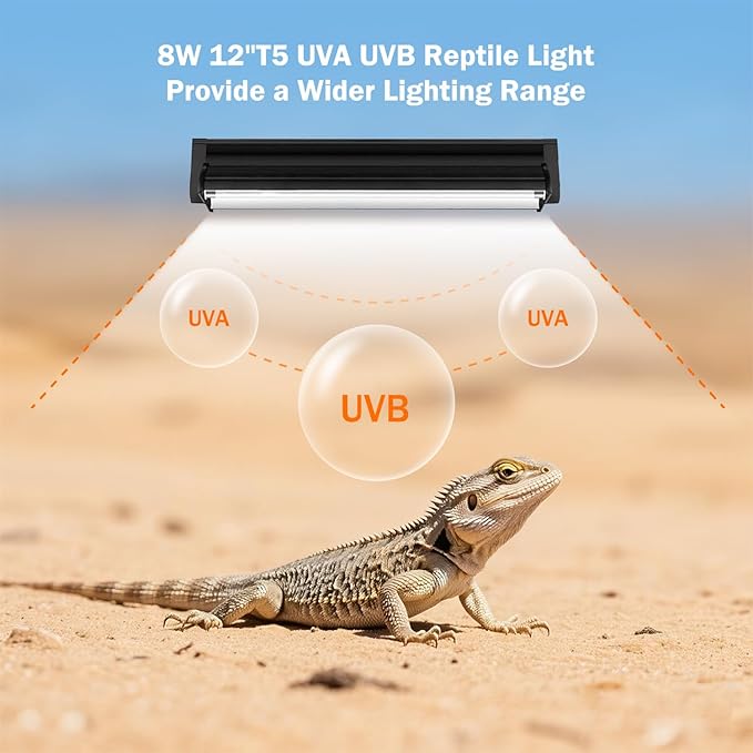 T5 10.0 UVB Reptile Light Fixture, 8W 12" T5 UVA/UVB Fluorescent Tube Bulb for Bearded Dragon, Tortoise, Leopard Gecko, Desert Lizards