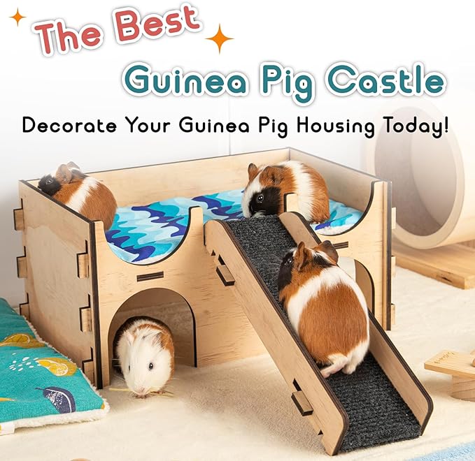 SoulThink® Upgraded Large Guinea Pig Toys Hideout - Easy to Assemble Wooden Guinea Pigs Castle with Ramp and Sky Blue Bed Cushion Decorative Guinea Pig Furniture for Play Area and Cage