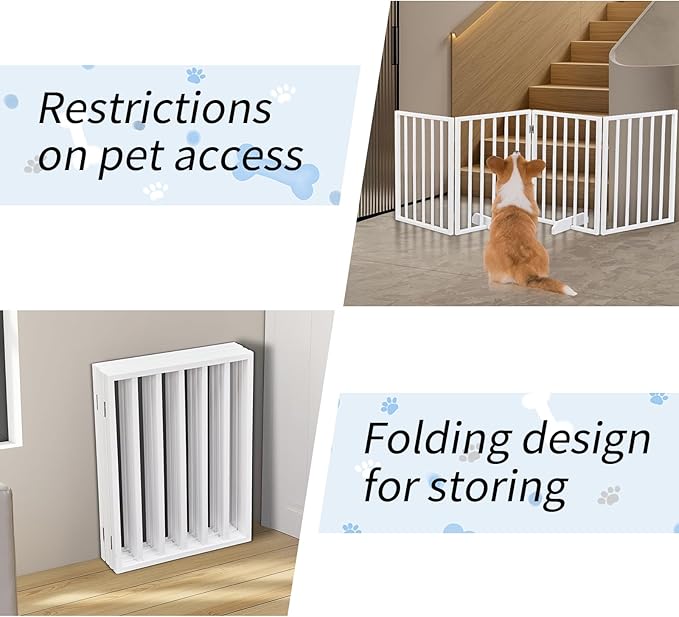 BONNLO Free Standing Dog Gate Indoor, Foldable Pet Gate for Dogs and Puppy, 24" Height Wooden Dog Gates for Doorways Extra Wide/Stairs/Hallways (White, 4 Panel)