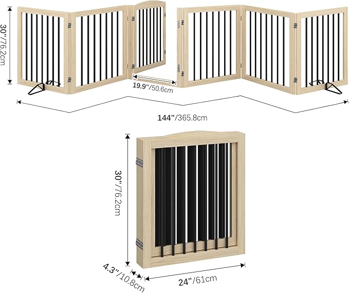 Vantas Folding Pet Gate 144" Wide, 30" Tall No-Assembly Wooden Dog Gate with Door Walk Through, Freestanding Puppy Safety Fence, 2PCS Support - Natural White