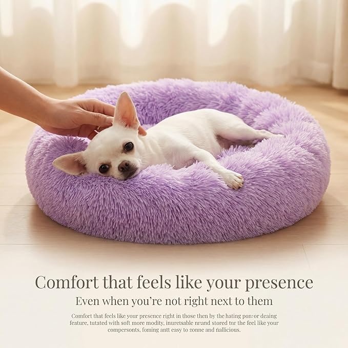 Calming Donut Dogs Beds for Small Dogs Washable,19inch Fluffy Round Puppy Bed for Puppies,Cats & Toy Breeds with Raised Rim,Fits up to 15 lbs Pets,Purple