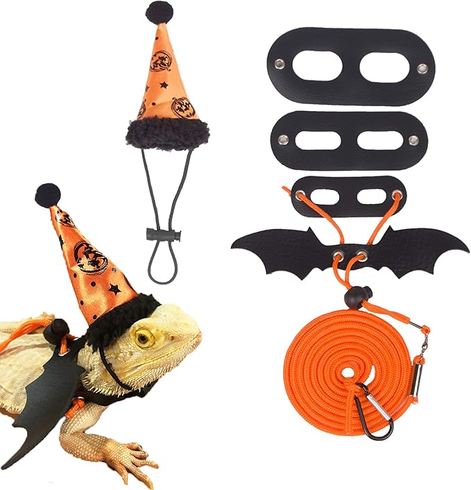 ADOGGYGO Halloween Bearded Dragon Lizard Leash Harness Hat Set - Reptile Halloween Clothe Pumpkin Hat + 3 Pack Reptile Harness Leash for Bearded Dragon Lizard
