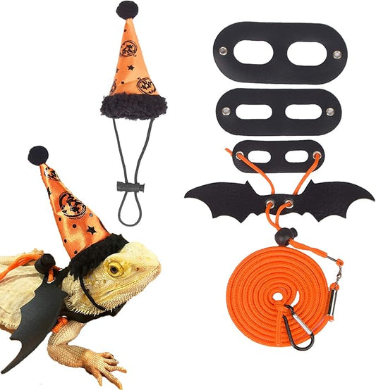 ADOGGYGO Halloween Bearded Dragon Lizard Leash Harness Hat Set - Reptile Halloween Clothe Pumpkin Hat + 3 Pack Reptile Harness Leash for Bearded Dragon Lizard