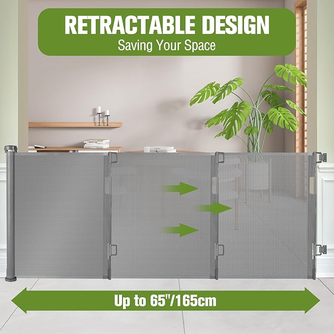 Retractable Baby Gates 65" Wide Baby Gate for Stairs Retractable Dog Gate Indoor Mesh Pet Gate Outdoor Retractable Gate Stair Gates for Kids or Pets Child Gate Dog Gates for Doorways, Decks, Gray