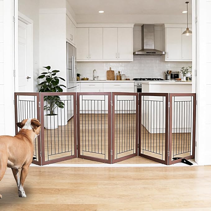 ZJSF Freestanding Dog Gate Indoor, Foldable Dog Fence for Doorways,Hallways or Stairs, Sturdy Wood Extra Wide Pet Gate with Support Feet,Brown,32 "Height-6 Panels
