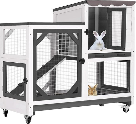 Large Rabbit Hutch Outdoor, 2-Tier Bunny Hutch with Wheels and Waterproof Roof, Wooden Guinea Pig Cage with Leak-Proof Pull-Out Trays, Multi-Door Bunny Cage for Small Animals-Black and White