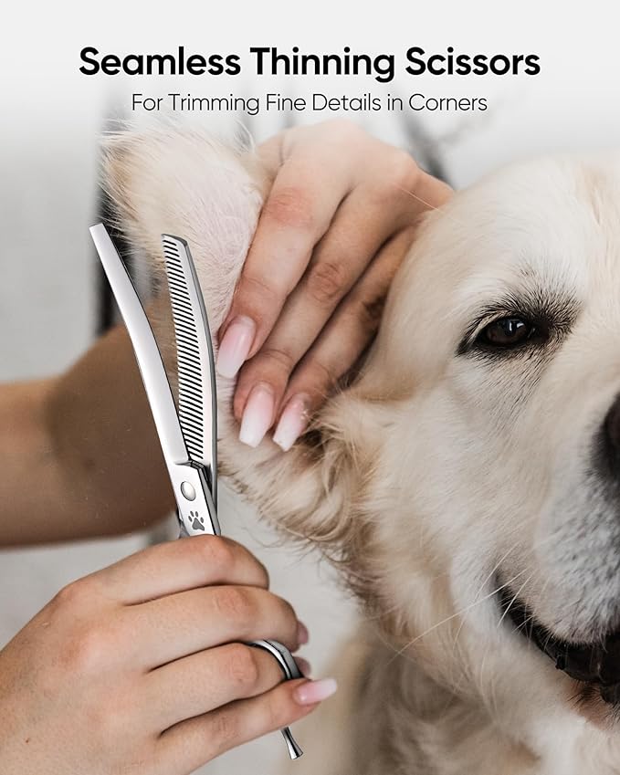 ULG Curved Thinning Dog Shears for Grooming, 7 Inch Professional Curved Thinning Dog Grooming Scissors for Blending and Thinning, 40-Tooth 15%-20% Rate 440C Stainless Steel Pet Hair Scissors