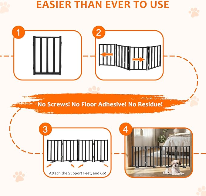 Snagle Paw Short Dog Gate,16.5" Tall Freestanding Metal Dog Gate Only for Small Dogs with Support Feet Easily Step Over,Up to 48" Wide Puppy Gate Indoor for Stairs,Doorways(Black,4 Panel)