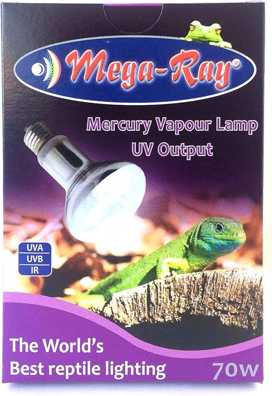 Mega-Ray Mercury Vapor Smallest UV Light Bulb On The Planet for Reptile and Amphibian Use, UVA UVB IR, Great Way of Heat UV and basking, High-Intensity - 70 Watts