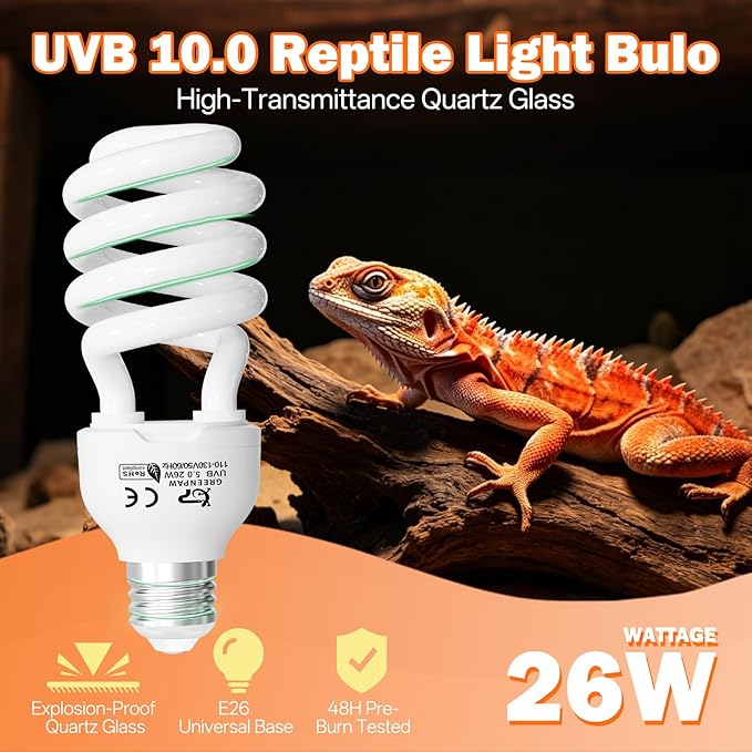 UVB Light for Reptiles 10.0: Bearded Dragon UVB Light for Desert Habitats, 26W UVA UVB Reptile Light Bulb for Lizards Tortoises, Terrarium Compact Fluorescent Lamp-UVB Bulbs with Free UV Sensor Card
