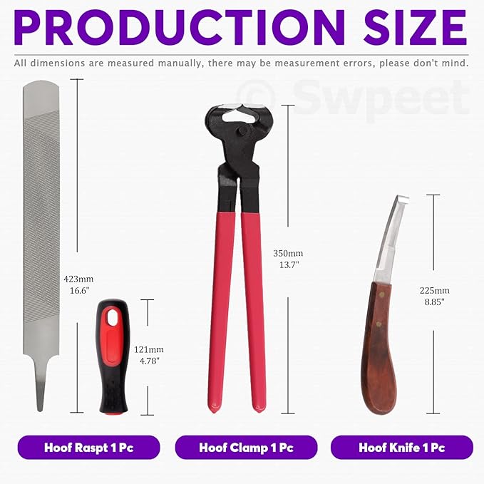 Swpeet 8Pcs Professional Farrier Tools Value Kit with Roll Pack, Horses Hoof Trimmers Shears Tools, Hoof Cutter, Farrier Rasp File and Rubber Handle, Hoof Nipper, Horseshoe Brush, Hoof Knife