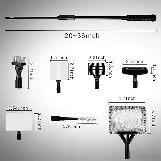 Carefree Fish 9IN1 Aquarium Cleaning Tools Long Handle Adjustable Length 20~36Inch Fish Tank Cleaner Kit Algae Scraper Scrubber Brushes Set Plant Scissor Long Tweezer