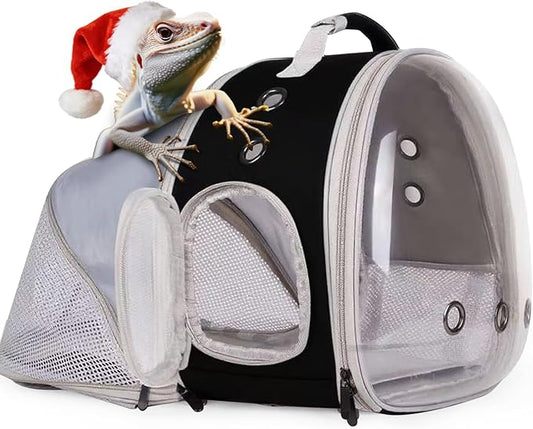 WEVONIGU Expandable Small Animal Backpack Carrier with Clear Bubble Window Large Space Travel Cage for Hedgehog Rat Parrot,Bearded Dragon,Sugar Glider,Airline Approved (Black, BE Backpack)