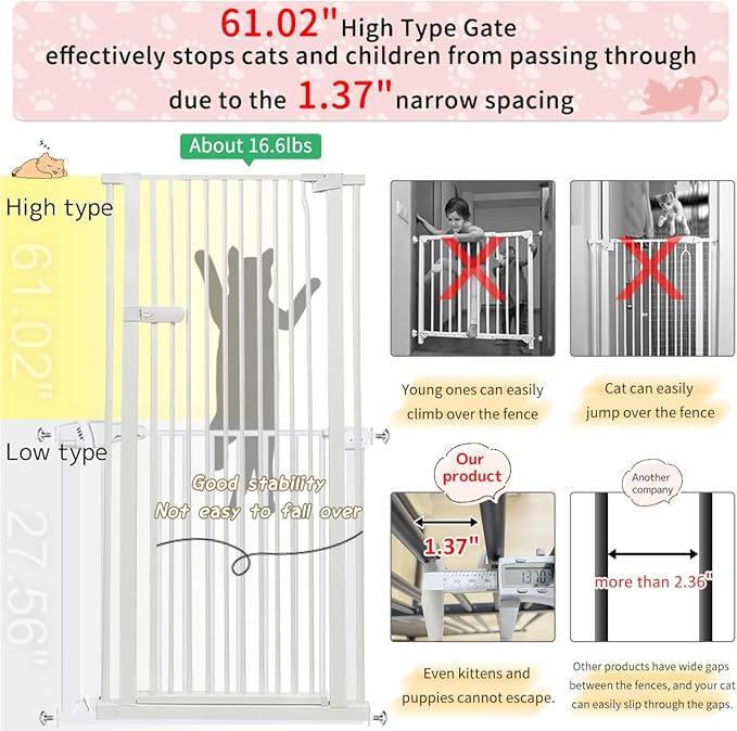 Lumizone Extra Tall Cat Gate 61.02" High Pressure Mounted Extra Wide 2025 New (17 Sizes) 1.37" Gap No Drilling Auto-Close One-Handed Operation Tall Pet Gate for Dogs(White, 61.02" H x 29.92"-38.38" W)