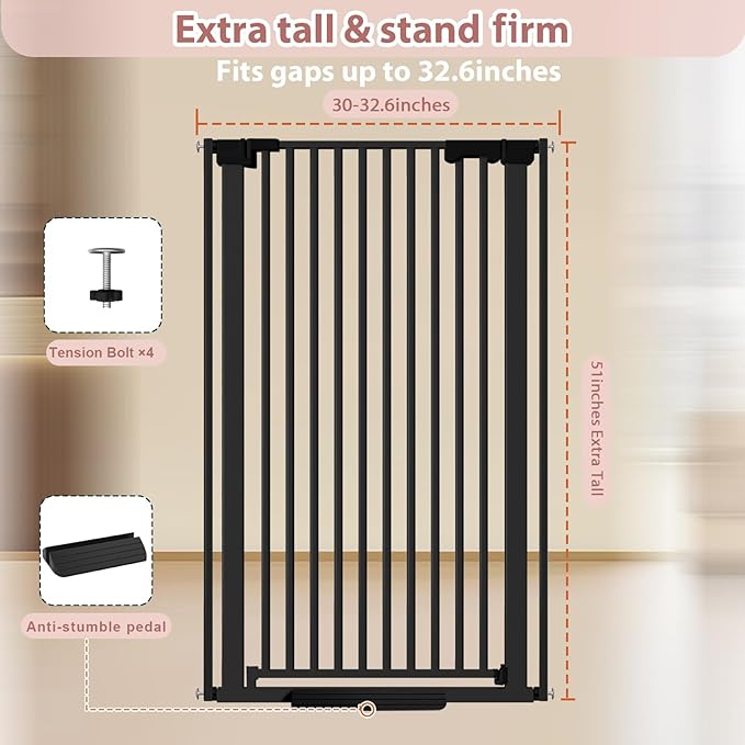 51'' Extra Tall Cat Gate Barrier for Doorways Hallways, Pressure Mounted Pet Dog Gates Ajustable Auto Close, Cat Fence Indoor Climb Proof 30-33'' Wide (Black)