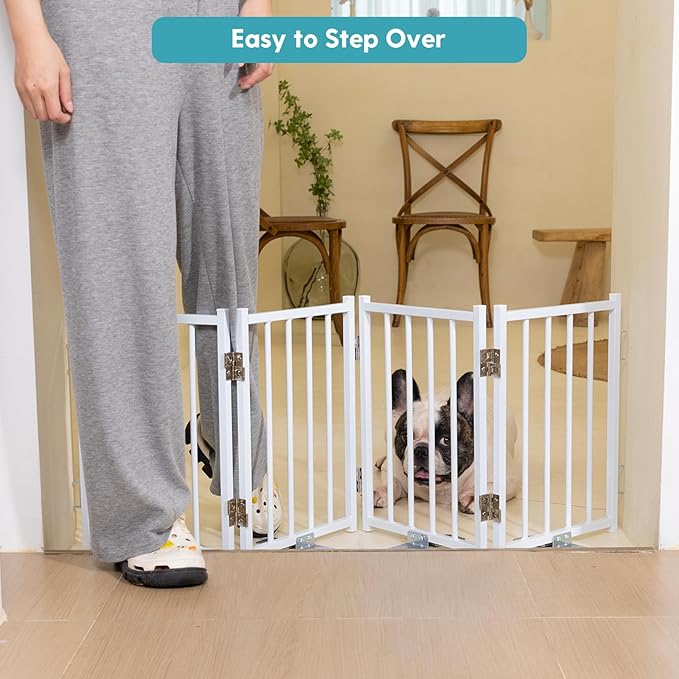 No Pawblems Free Standing Short Dog Gate, 16.5'' Tall Foldable Dog Fence for Indoor & Outdoor, Up to 48 Inch Extra Wide Puppy Gate for Stairs, Hallways, Doorways, Deck, Yard (White, 4 Panels)