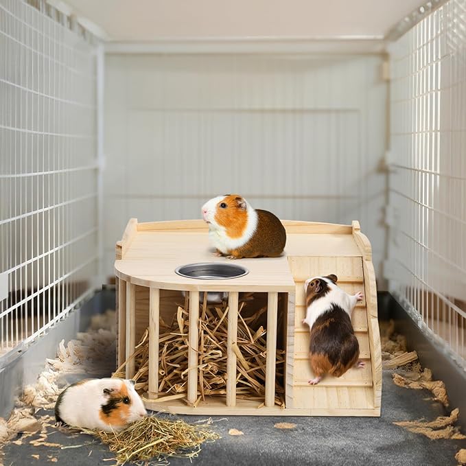 Coloch Wooden Guinea Pig Castle with Hay Feeder, Large Chinchilla Hideout with Feeding Bowl&Ladder Multi-Chamber Guinea Pig House for Guinea Pigs, Chinchillas, Hedgehogs