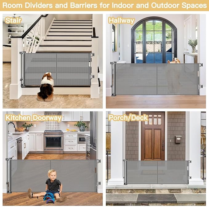 Reinforced 28-Inch Tall Retractable Baby Gates for Doorways, Walk Through Pet Gate for Stairs, Short Baby Gate with Support Rods, 55 Inch Wide Mesh Gate Retractable Gate Small Dog Gate, Gray