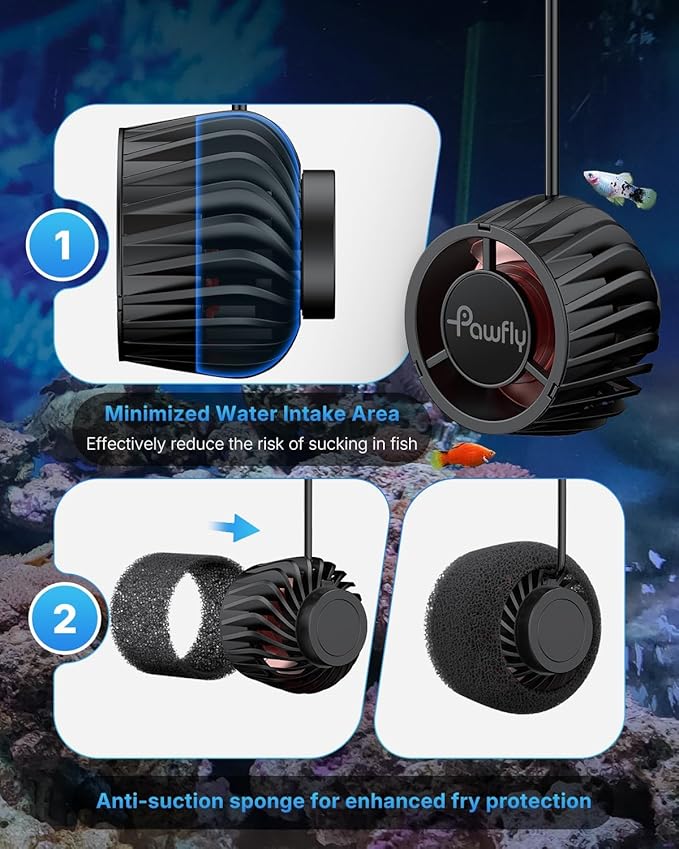 Pawfly Wave Maker for Aquariums 2100 GPH, Aquarium Powerhead DC 24V 10W, Aquarium Circulation Pump With Magnetic Base, Wavemaker for 30-300 Gallon Freshwater Saltwater Tank