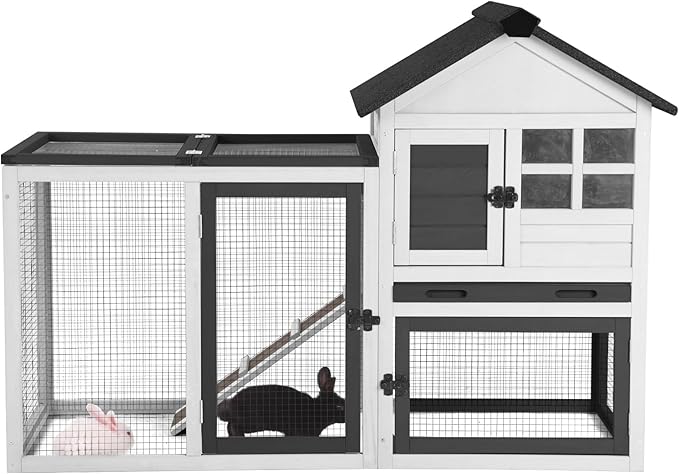 Rabbit Hutch Indoor Outdoor Expandable Bunny Cage 51.6" - Wooden Chicken Coop Small Animal Enclosure with Run for Guinea Pig, Chinchilla, Ferret, Hamster(Black)