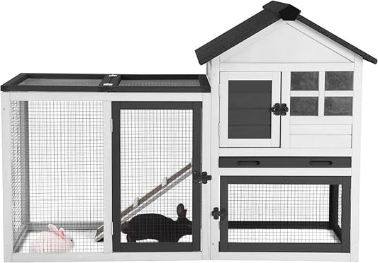 Rabbit Hutch Indoor Outdoor Expandable Bunny Cage 51.6" - Wooden Chicken Coop Small Animal Enclosure with Run for Guinea Pig, Chinchilla, Ferret, Hamster(Black)