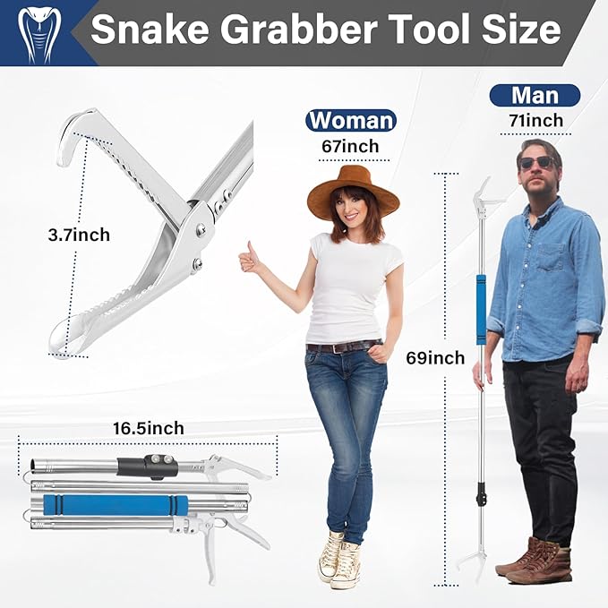69" Professional Snake Grabber Tools, Snake Catcher Tongs Rattlesnake Copperheads Grabber Keep Spacing Reptile Snake Tools Sponge Handle Wide Jaw Without Harm Move Suit For Chicken Coops Yards Farms