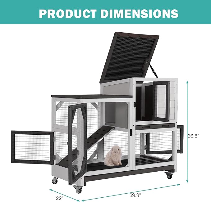 Rabbit Hutch Indoor for 2-4 Rabbits & Guinea Pigs，Bunny Cage with Slide-Out Plastic Trays，Wooden Small Animal Cage for Rabbits, Bunnies, and Guinea Pigs (Black)