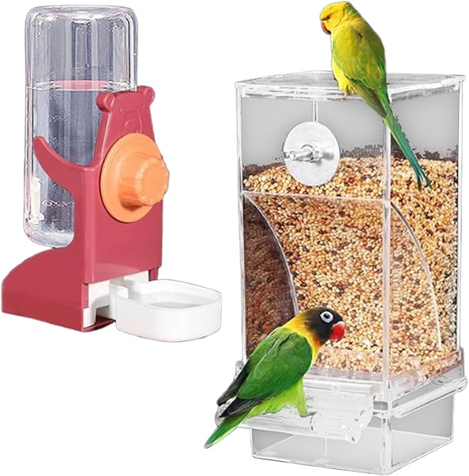 Clear View Bird Feeder and Water Dispenser Set with Detachable Trays for Finches, Parrots ABS Construction 2PC Large Capacity Treat Dispenser