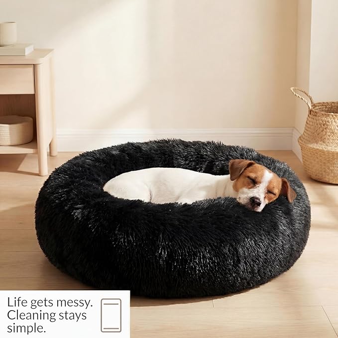 Calming Donut Dogs Beds for Small Dogs Washable,28inch Plush Round Pet Bed for Cozy Sleep,Fluffy Faux Fur Large Cat Bed,Fits up to 30 lbs Pets,Black