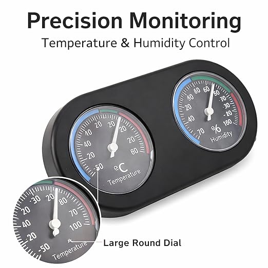 Mini Analog Temperature Humidity Meter, Round Shape Thermometer Hygrometer, Black Compact Design - Accurate Physical Measurement, No Battery Needed, for Reptile Tank and Home Use