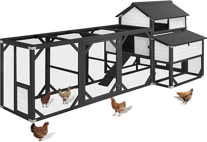 Large Chicken Coop with Run - Wooden Hen House with 6 Nesting Boxes and Removable Tray, 41.3ft² Poultry Pet Hutch Run Cage with Waterproof Asphalt Roof, fold Out House for 4-6 Chickens (White)