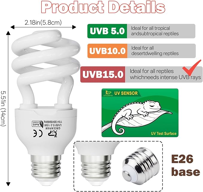 UVB Light for Reptiles 15.0: 15W Intense Desert UVA UVB Bulb for Reptiles - Reptile UVB Light Terrarium Compact Fluorescent Lamp- UVB Light for Reptile and Amphibian with A Free UV Sensor Card
