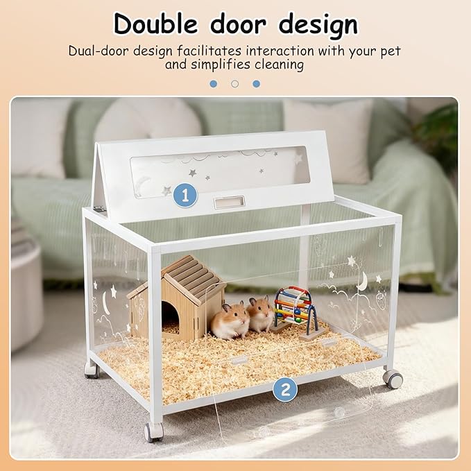 Large Hamster Cage Guinea Pig Cage Habitat, Metal Frame with Acrylic Transparent Viewing, Small Pet House Habitat for Small Animal Dwarf Syrian Hamster Hedgehog Gerbil