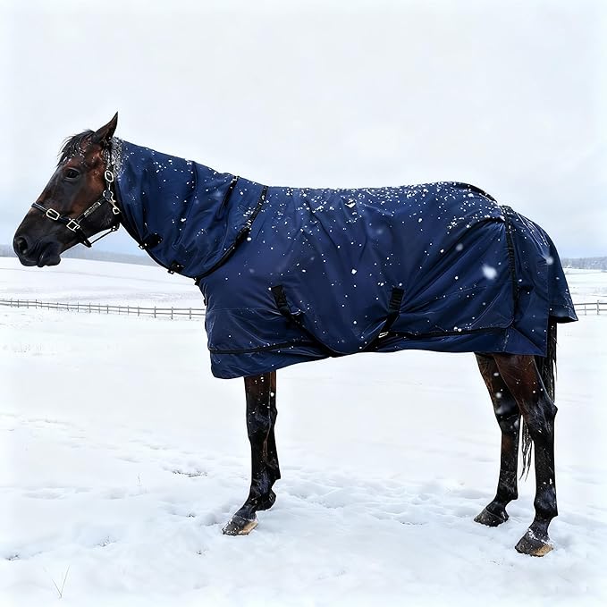 Horse Turnout Blanket | Medium Weight Horse Blanket with 1200D 250g Cotton Filling | Detachable Neck Cover & Belly Wrap (78in/145cm)