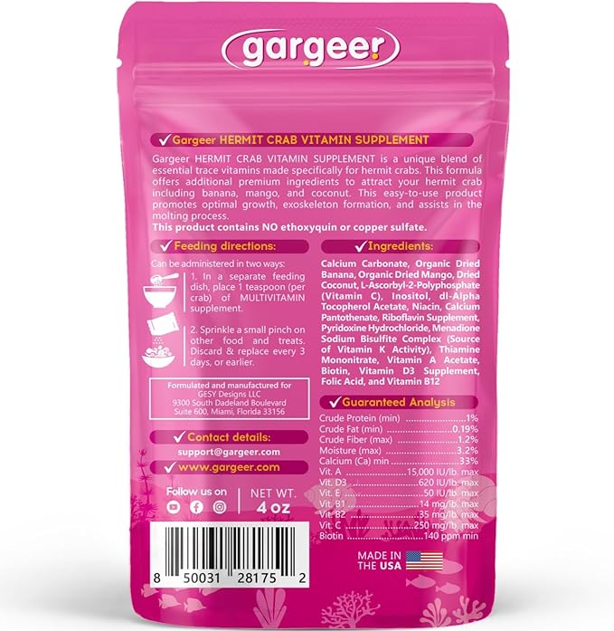 Gargeer 4oz Hermit Crab Multi-Vitamin Supplement. Premium Trace Minerals, Promote Growth, Exoskeleton Formation, Support Molting Process. Enjoy!