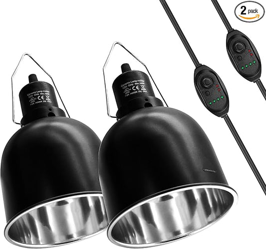 MECESOR Reptile Light Fixture with Dimming Switch and Timer, 5.5 Inch Deep Dome Reptile Heat Lamp Fixture, Reptile Lamp Fixture Cap for UVB Bulb Basking Heat Bulb for Reptile Glass Terrariums, 2PCS