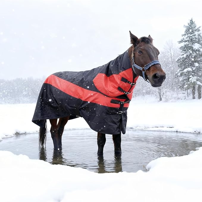 Horse Blankets Winter for Real Horses, 1600D Waterproof Poly Rain Sheets 78 in with Neck Cover Belly Wrap Tail Wrap Turnout Blanket, Stuff Care Medium Large Weight Heavy Outdoor Clothes Red Black