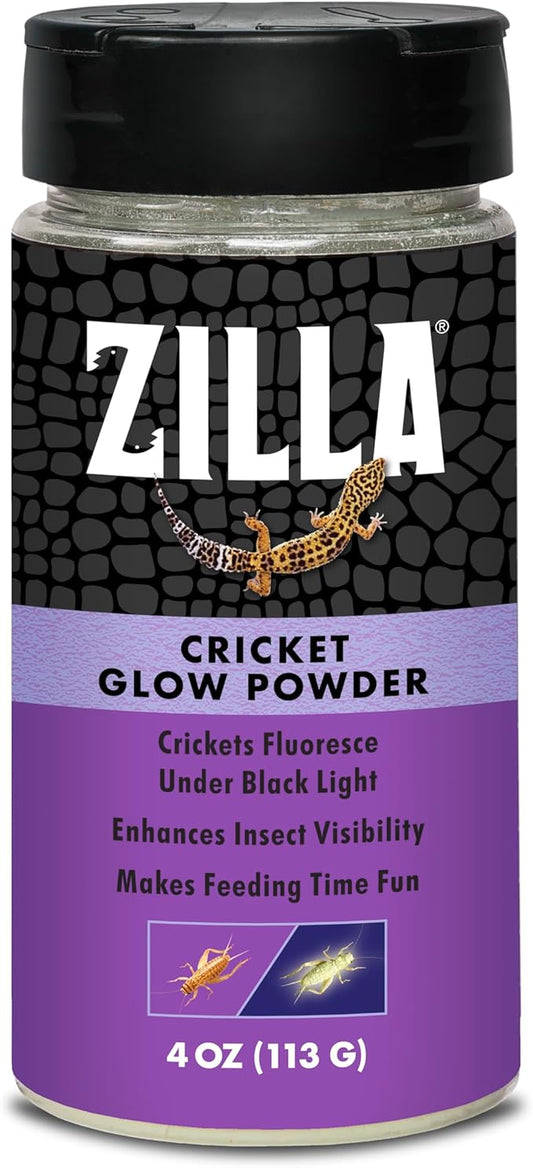 Zilla Cricket Glow Powder — add to Reptile Food for a Fun Twist, More exciting Than Plain Calcium Powder Fluoresces Under Black Light, Ideal for Insectivores, 4 Ounces
