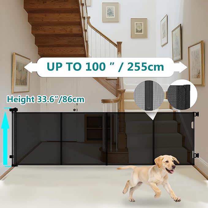 Retractable Baby Gate,Mesh Baby Gate or Mesh Dog Gate,34" Tall,Extends up to 100" Wide,Child Safety Gate for Doorways, Stairs, Hallways, Indoor or Outdoor