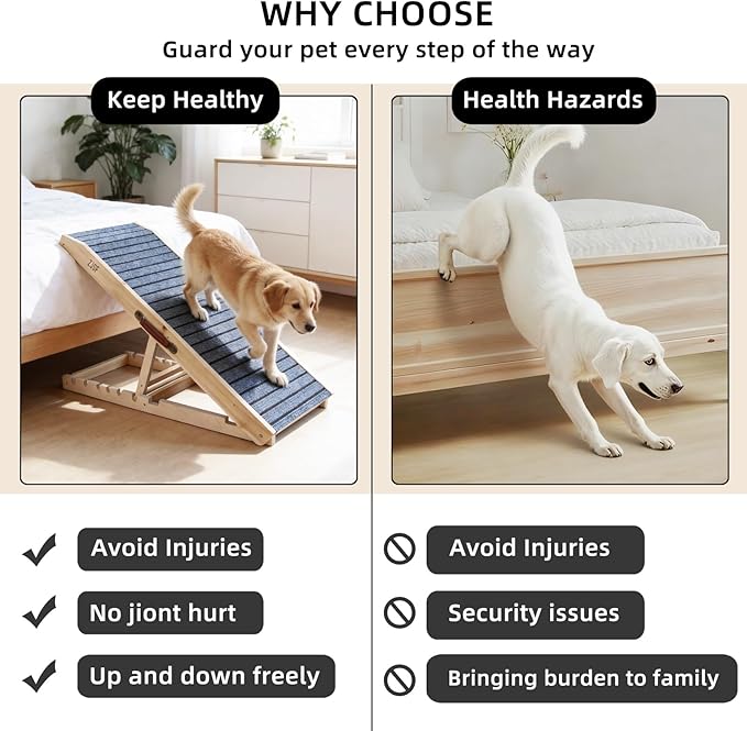 ZJSF Foldable Wooden Dog Ramp for High Bed, Dog Stairs for Small Dogs, High Traction Platform with 5 Adjustable Heights (13"-23.5"), 40", Supports up to 150 lbs